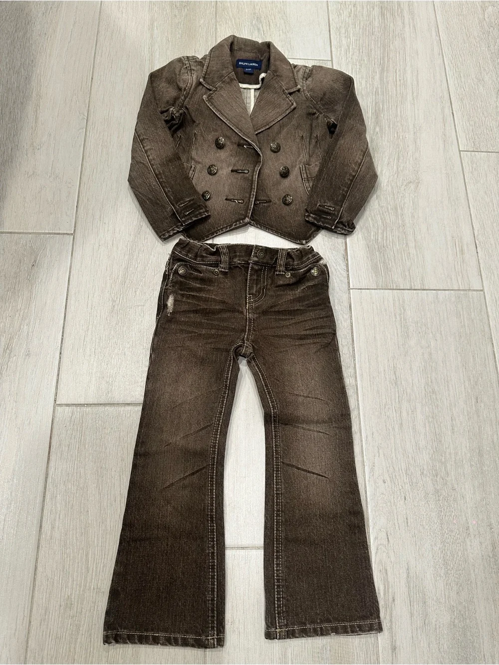Ralph Lauren Girls 3T Distressed Brown Denim Blazer Jacket + Flare Jeans